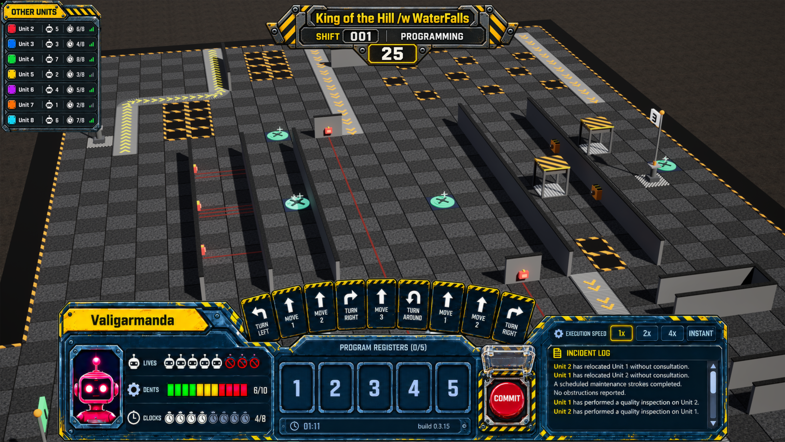 Near-final Clanker Calamity gameplay screen showing the floor, shift banner, other units list, and programming HUD.